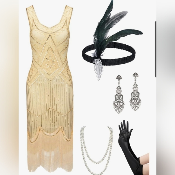Yessa Elegant Gold Beaded/sequin Flapper costume Dress With Accessories Size Sm - Picture 1 of 5